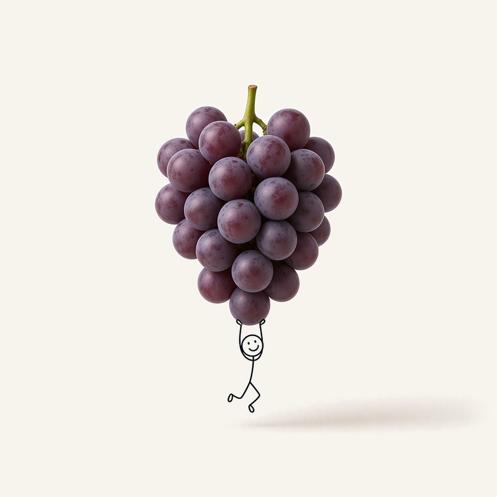 Grape Juice — fruit illustration with a line-drawn figure