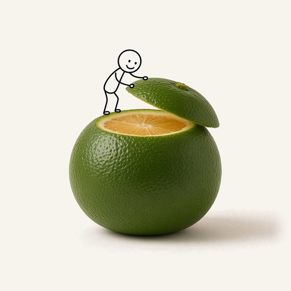 Green Mandarin Juice — fruit illustration with a line-drawn figure