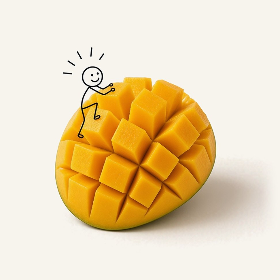 Mango Juice — fruit illustration with a line-drawn figure