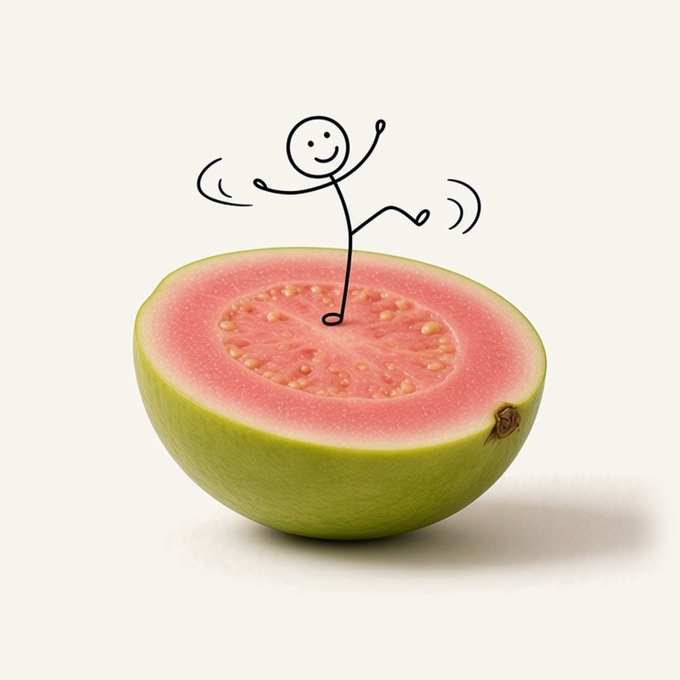 Pink Guava Juice — fruit illustration with a line-drawn figure