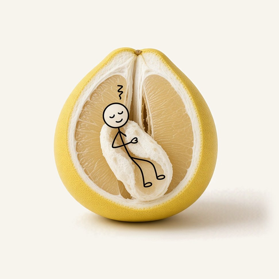 White Pomelo Juice — fruit illustration with a line-drawn figure