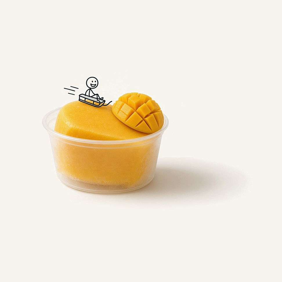 Mango snow ice block in a clear cup, with a line-drawn figure on top