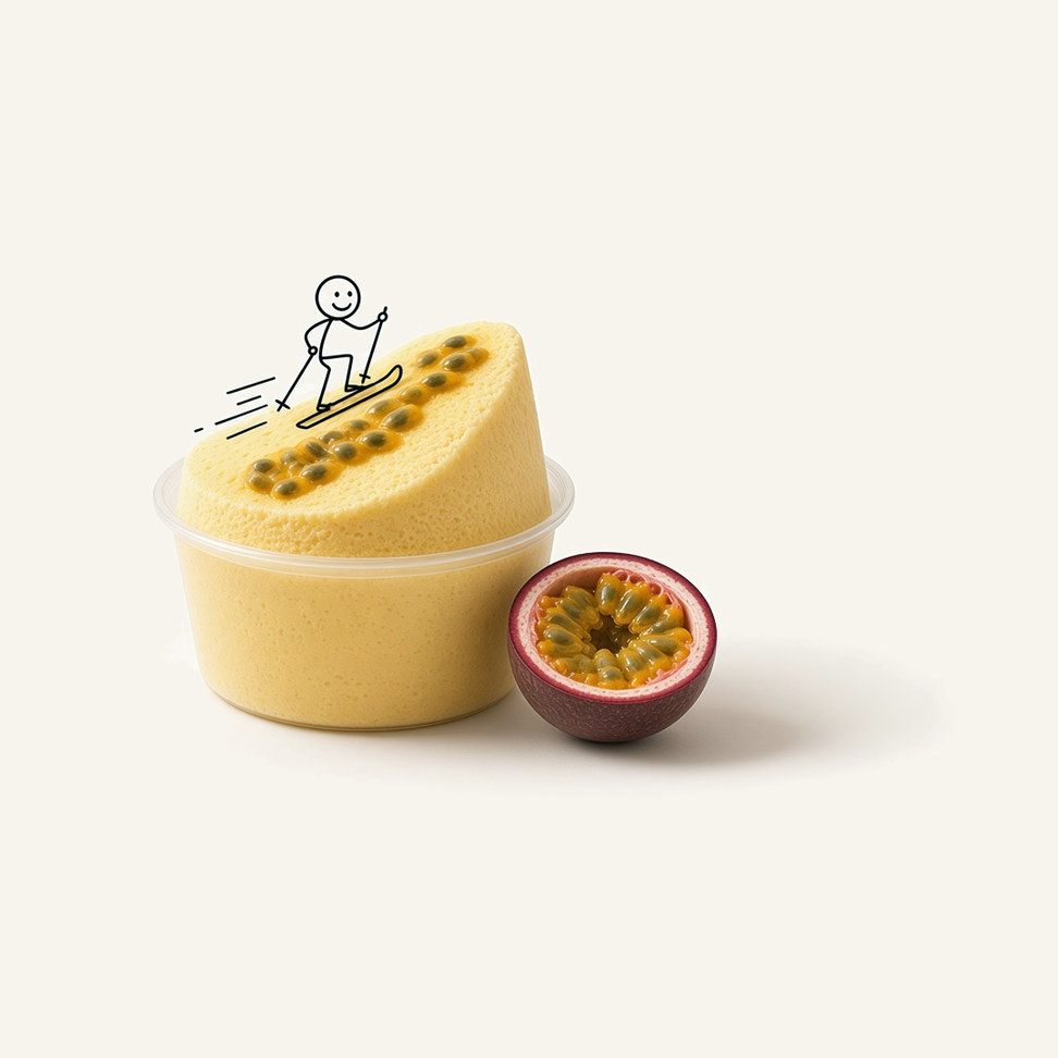 Passion Fruit snow ice block in a clear cup, with a line-drawn figure on top