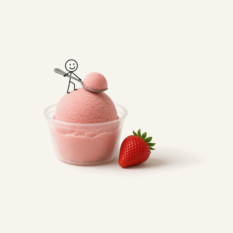 Strawberry snow ice block in a clear cup, with a line-drawn figure on top